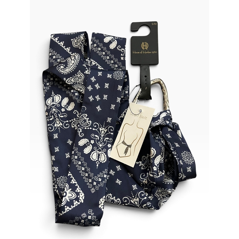 NWT House of Harlow 1960 Scarf Belt Navy Paisley Bandana Silver Hardware S/M